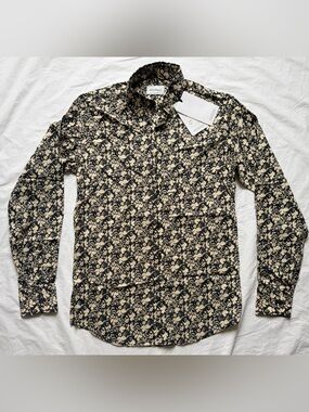 Salvatore Ferragamo Floral Print Long-Sleeve Shirt in Black and Cream, size S